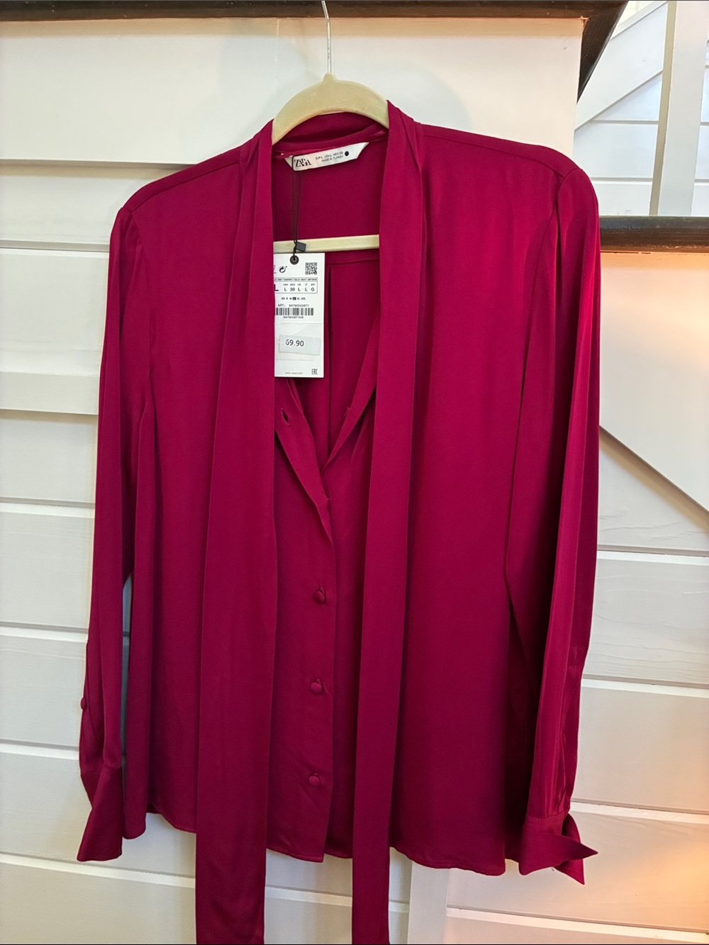 Zara Fuchsia Tie-Neck Blouse - Women's Top